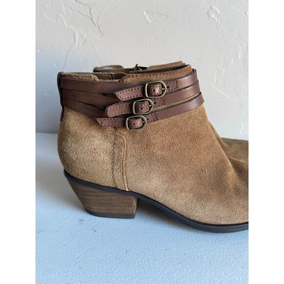 Clarks Size 6 Cognac Brown Leather Suede Ankle Booties Burnished Toe Block Heel - Picture 2 of 7